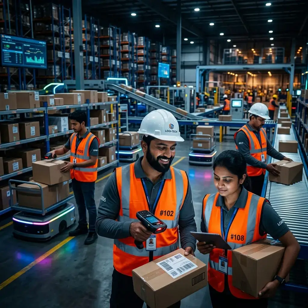 TRAKE workers scanning QR codes on mobile app at an industrial warehouse